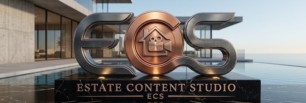 The Estate Content Studio logo on a black marble plinth beside a modern home with an infinity pool